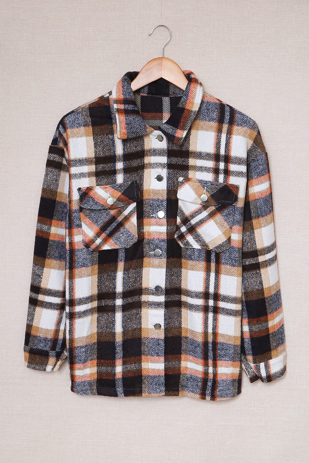 Geometric Plaid Print Pocketed Shacket Plaid Shackets JT's Designer Fashion