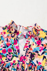 Pink Floral Puff Short Sleeve V Neck Mini Dress Floral Dresses JT's Designer Fashion