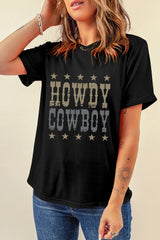 Black HOWDY COWBOY Star Print Crew Neck Loose T Shirt Graphic Tees JT's Designer Fashion