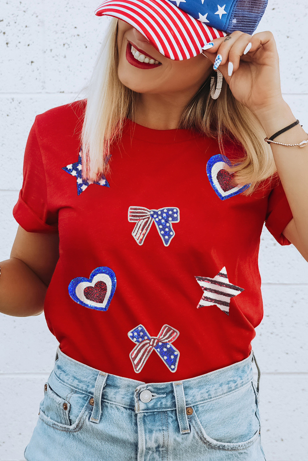Red American Flag Inspired Sequined Pattern Crewneck Tee Graphic Tees JT's Designer Fashion
