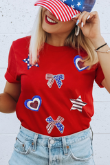 Red American Flag Inspired Sequined Pattern Crewneck Tee Graphic Tees JT's Designer Fashion