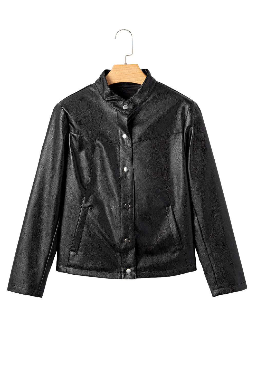 Black Faux Leather Buttoned Front Boxy Jacket Jackets JT's Designer Fashion
