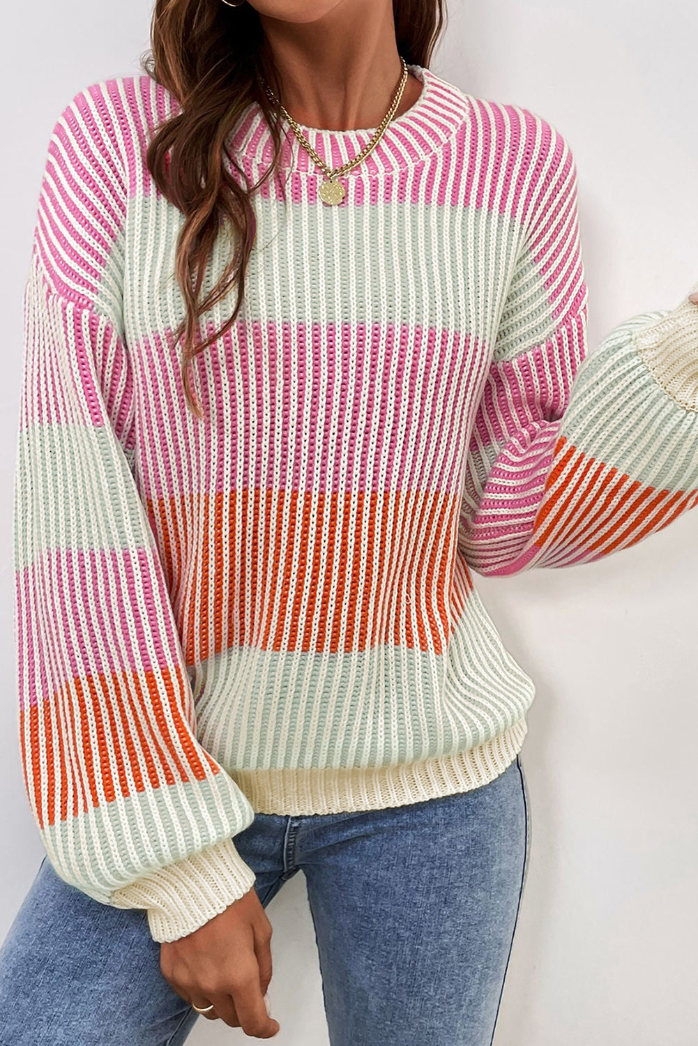 Pink Colorblock Textured Knit Bubble Sleeve Sweater Sweaters JT's Designer Fashion