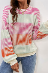 Pink Colorblock Textured Knit Bubble Sleeve Sweater Sweaters JT's Designer Fashion