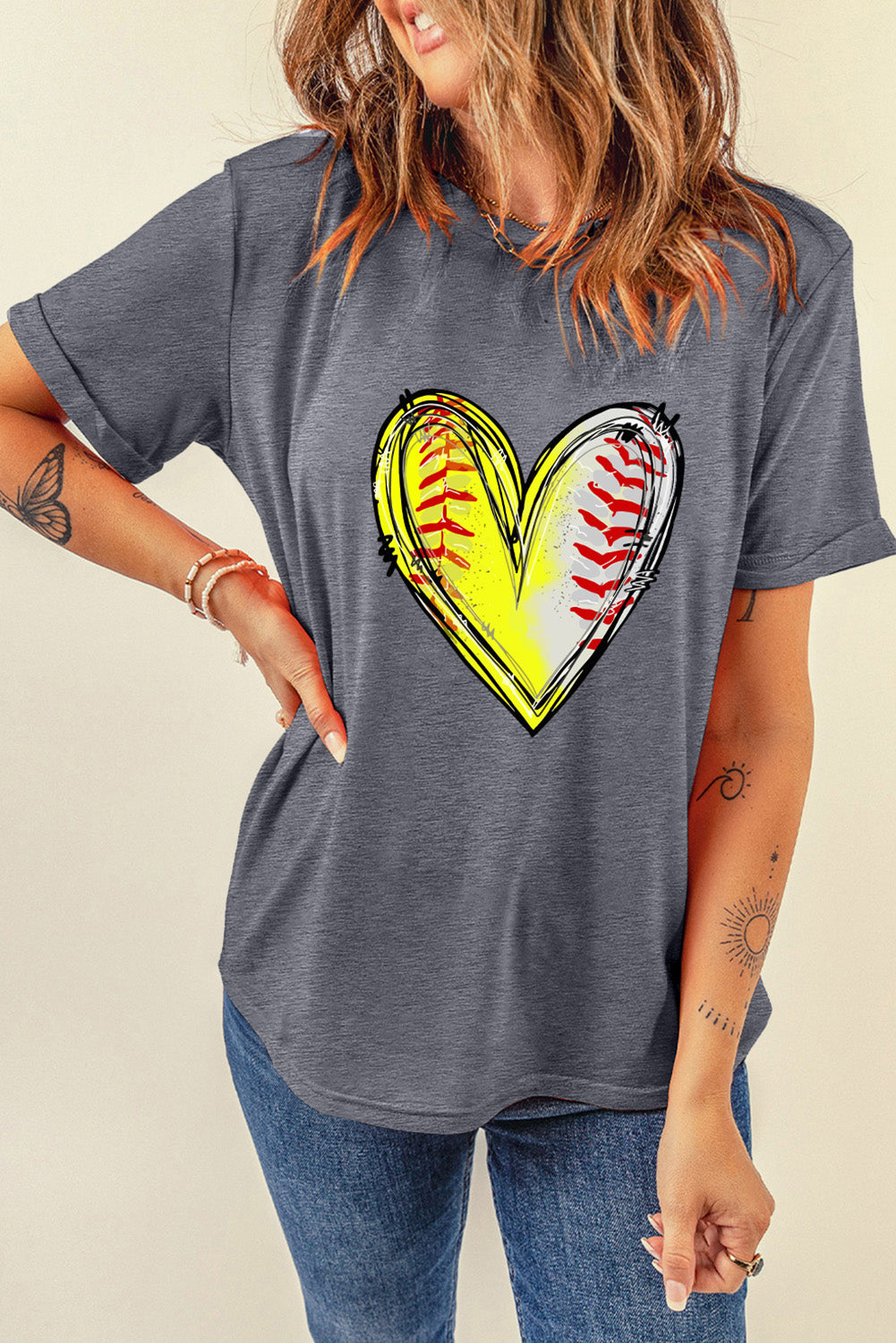 Gray Baseball Heart Shape Print Crew Neck T Shirt Graphic Tees JT's Designer Fashion