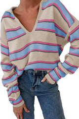 Apricot Stripe Collared V Neck Drop Shoulder Loose Sweater Sweaters JT's Designer Fashion
