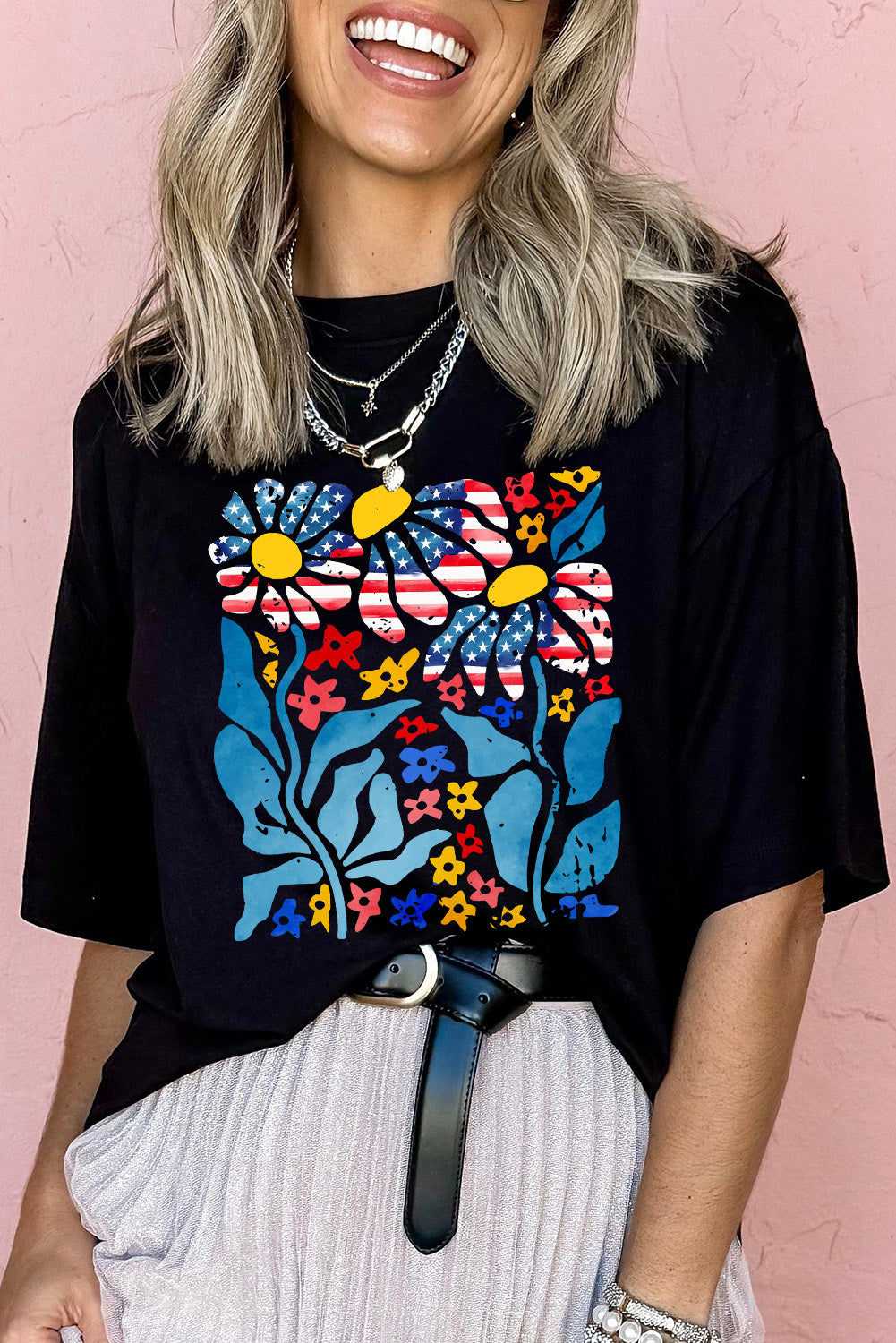 Black USA Flag Flower Graphic Drop Shoulder T Shirt Graphic Tees JT's Designer Fashion