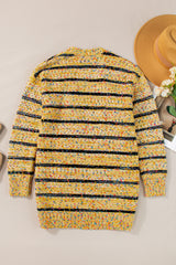 Beige Striped Pom Pom Knit Open Front Long Cardigan Cardigans JT's Designer Fashion