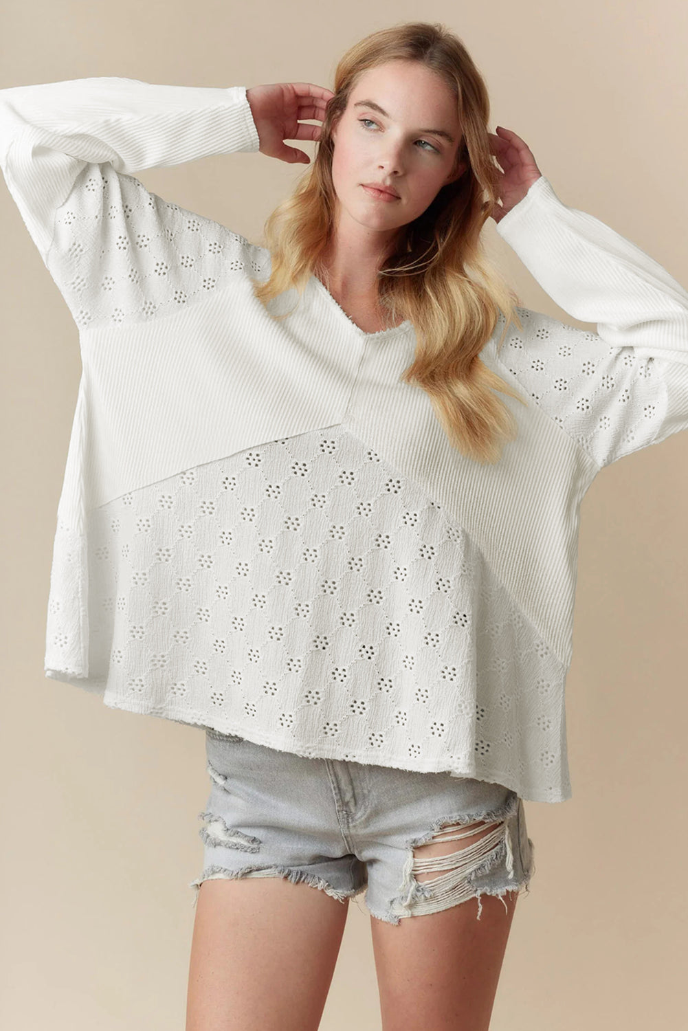 White Twisted Rib Patchwork Embroidered Loose V Neck Long Sleeve Top Blouses & Shirts JT's Designer Fashion