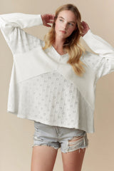 White Twisted Rib Patchwork Embroidered Loose V Neck Long Sleeve Top Blouses & Shirts JT's Designer Fashion