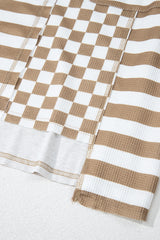 Khaki Checkerboard Striped Patchwork Lantern Sleeve Pocketed Blouse Long Sleeve Tops JT's Designer Fashion