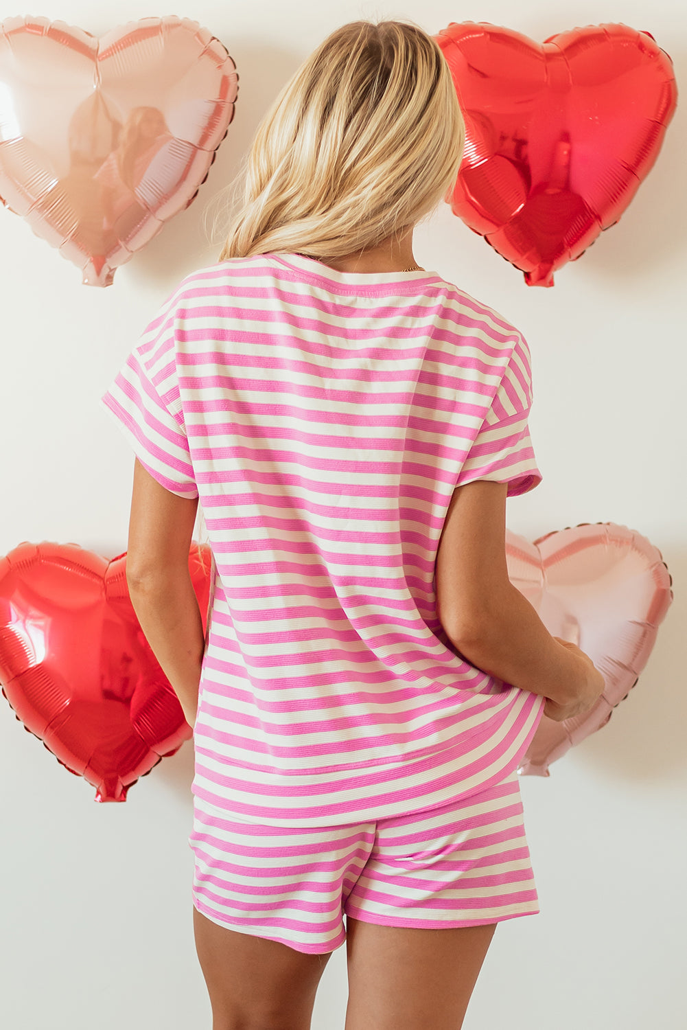 Rose Stripe Crew Neck T Shirt and Drawstring Shorts Set Short Sets JT's Designer Fashion