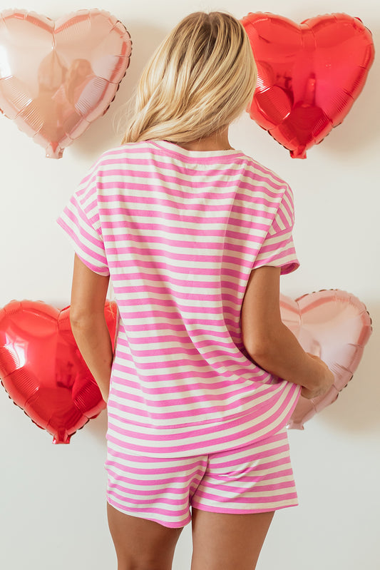 Rose Stripe Crew Neck T Shirt and Drawstring Shorts Set Short Sets JT's Designer Fashion
