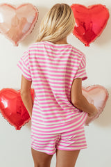 Rose Stripe Crew Neck T Shirt and Drawstring Shorts Set Short Sets JT's Designer Fashion
