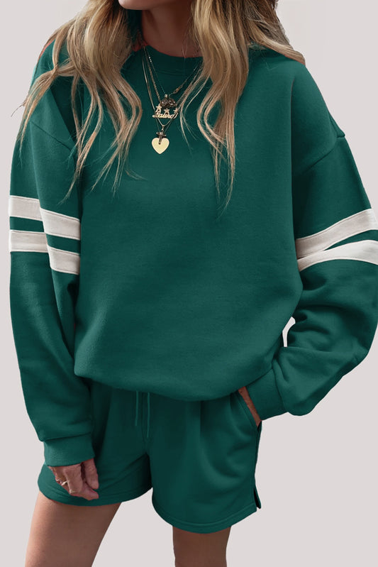 Evergreen Varsity Striped Sleeve Drop Shoulder Sweatshirt and Short Set Evergreen 65%Polyester+35%Cotton Short Sets JT's Designer Fashion