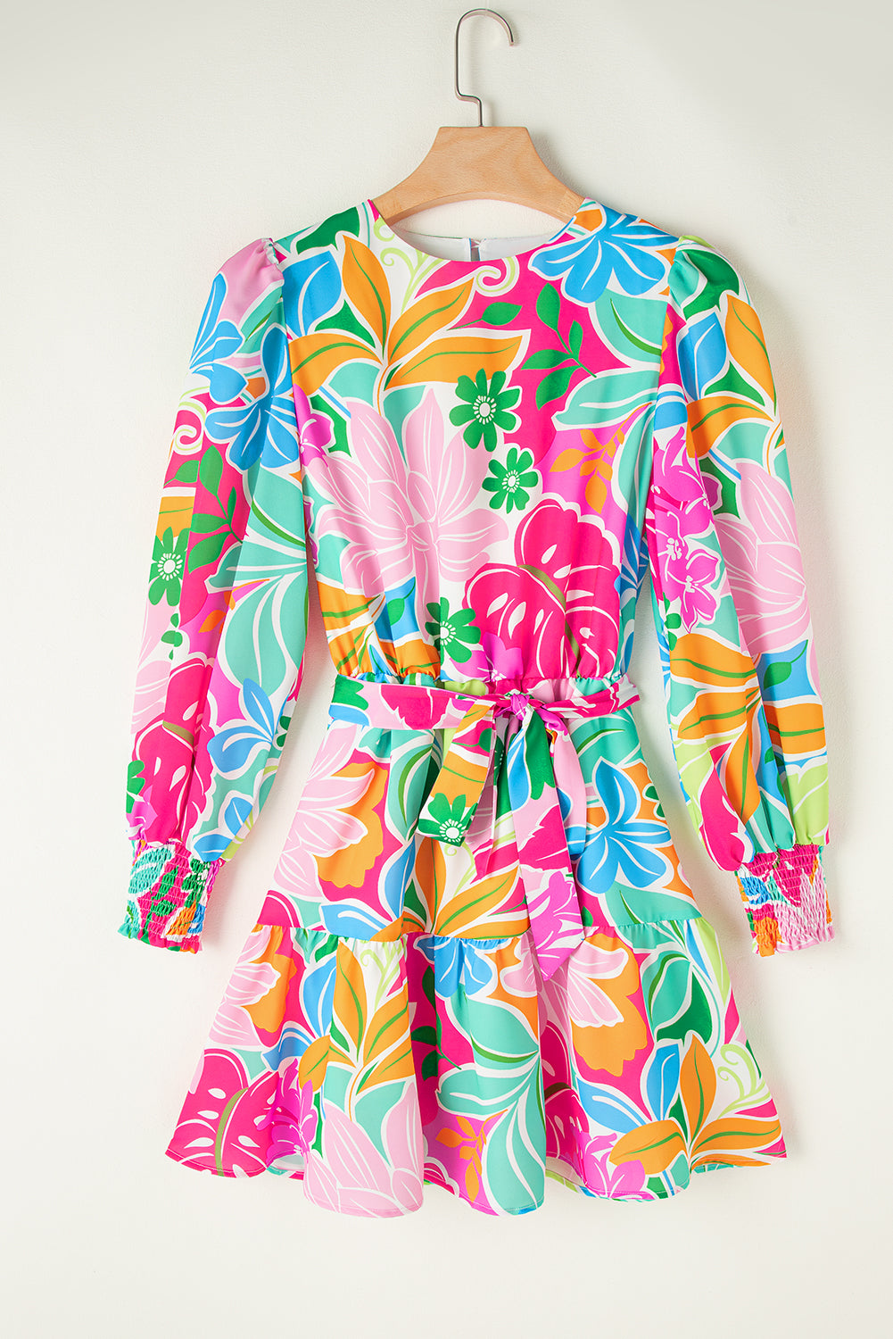 Green Multicolor Botanical Bubble Sleeve Mini Dress Floral Dresses JT's Designer Fashion