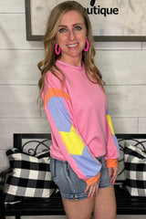 Pink Candy Colorblock French Terry Top Long Sleeve Tops JT's Designer Fashion