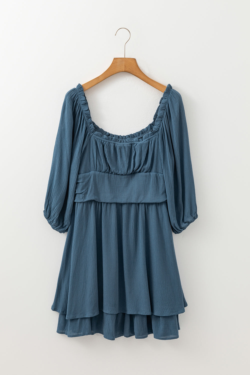 Real Teal Frilled Neckline 3/4 Sleeve Layered Ruched Mini Dress Mini Dresses JT's Designer Fashion