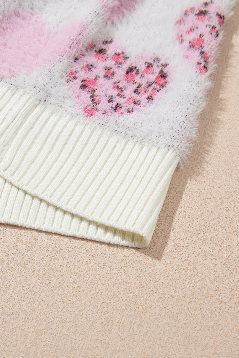 Pink Heart Leopard Print Pearled Ribbed Trim Fuzzy Sweater Sweaters JT's Designer Fashion