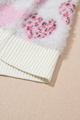 Pink Heart Leopard Print Pearled Ribbed Trim Fuzzy Sweater Sweaters JT's Designer Fashion