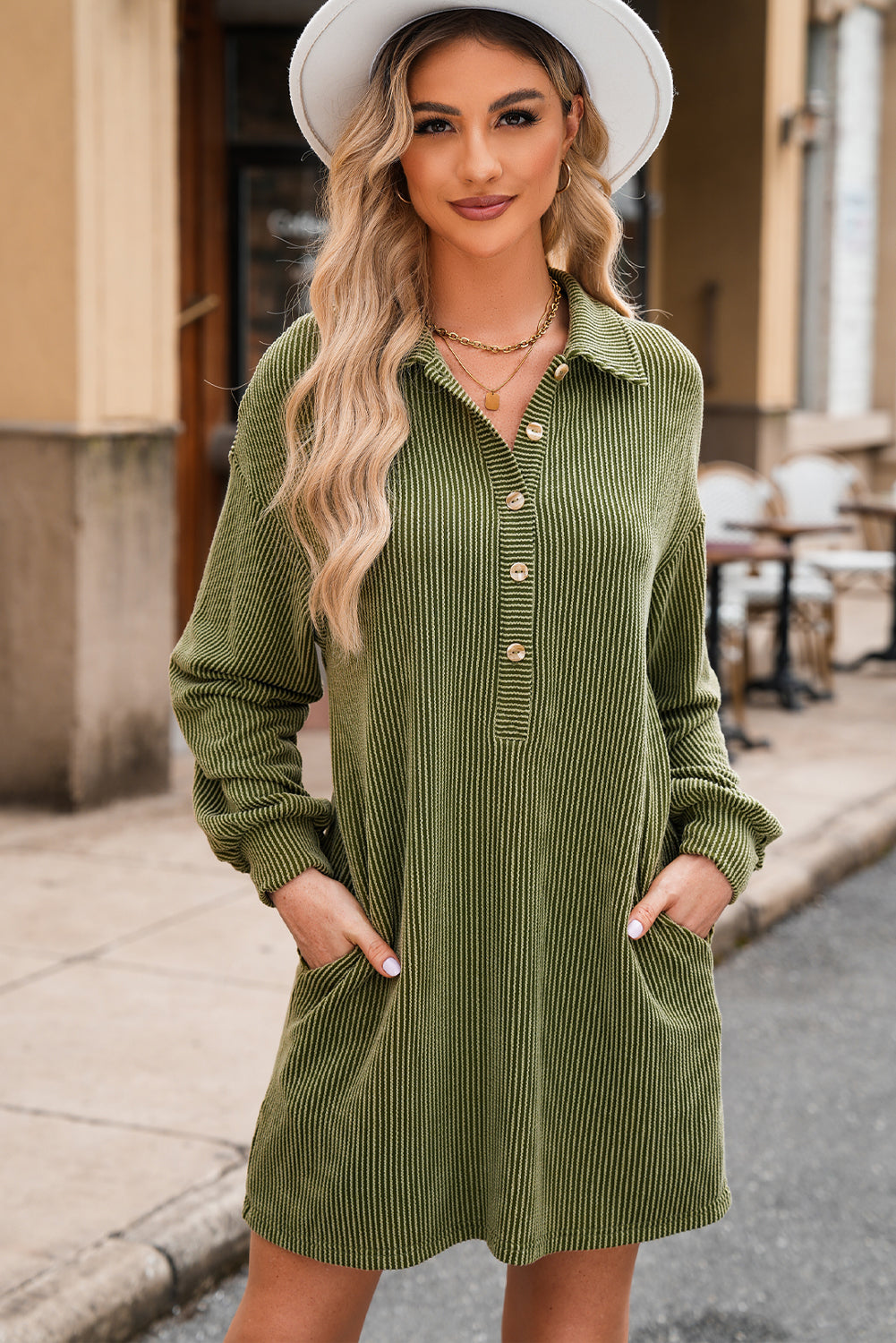 Moss Green Corded Buttons Placket Drop Shoulder Collared Shift Dress Mini Dresses JT's Designer Fashion