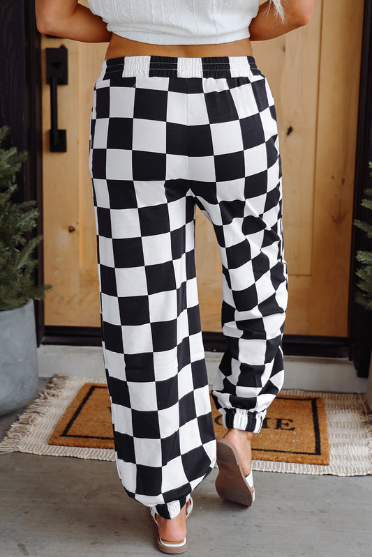 Black Checkerboard Elastic Waist Pocketed Joggers Pants & Culotte JT's Designer Fashion