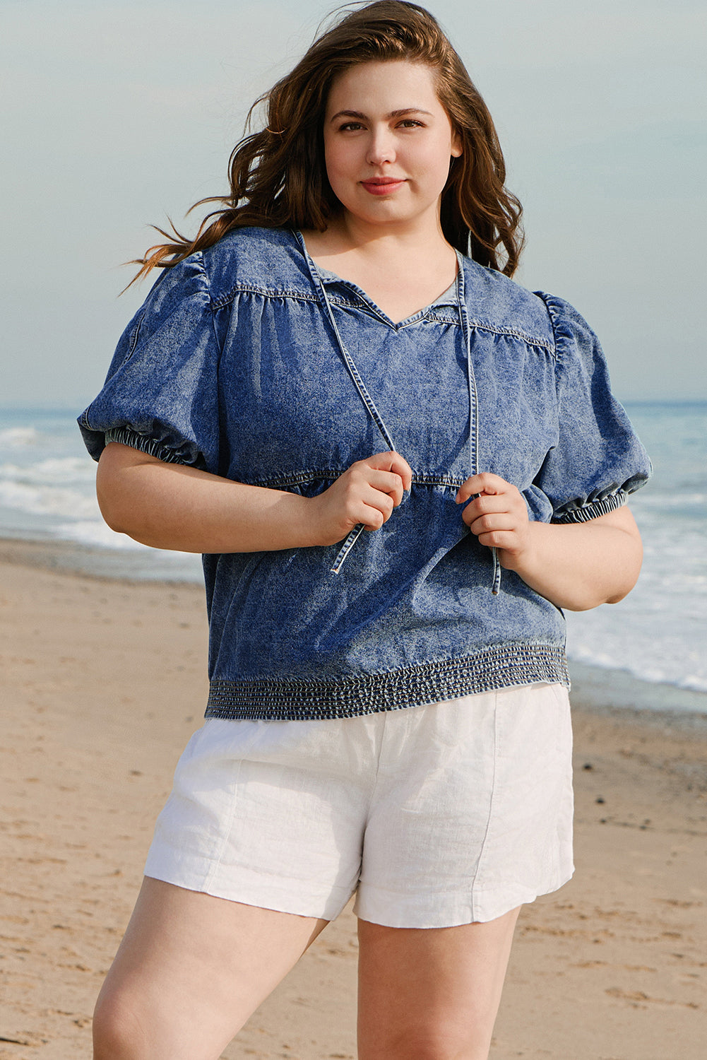 Sail Blue Plus Drawstring V Neck Puff Sleeve Denim Blouse Sail Blue 82%Cotton+10%Polyester+8%Viscose Plus Size Blouses & Shirts JT's Designer Fashion