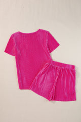 Bright Pink Casual Pleated Short Two-piece Set Short Sets JT's Designer Fashion