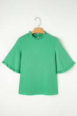 Green Frilly Round Neck Wide Half Sleeve Blouse Blouses & Shirts JT's Designer Fashion