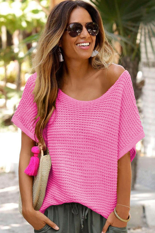 Pink Solid Loose Knit Short Dolman Sleeve Sweater Sweaters & Cardigans JT's Designer Fashion