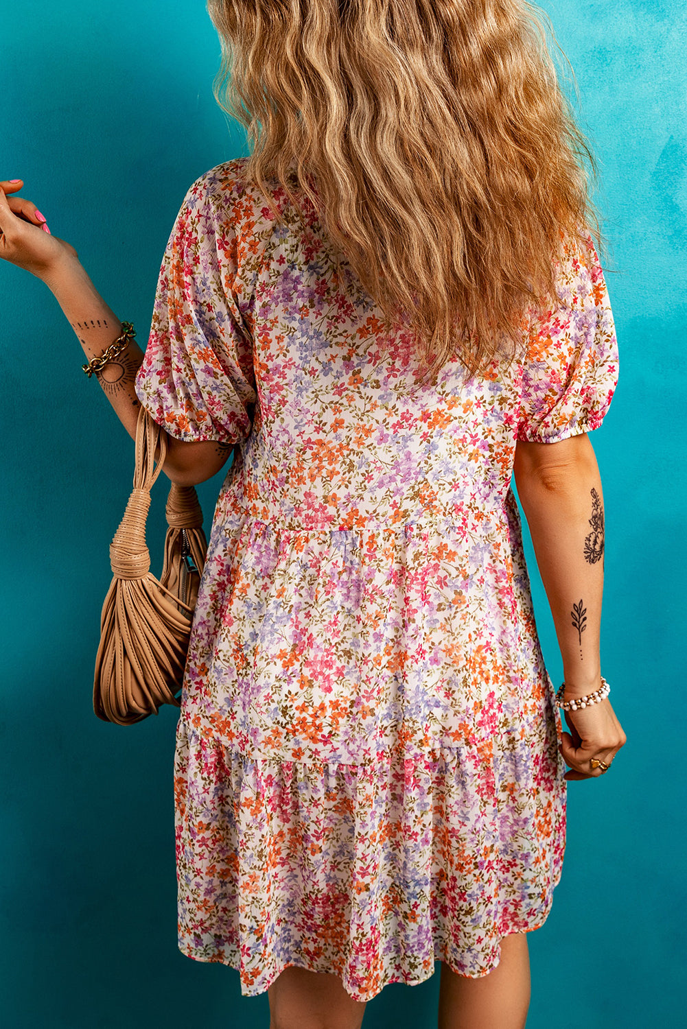 Red Floral Puff Sleeve Notched V Neck Tiered Mini Dress Floral Dresses JT's Designer Fashion
