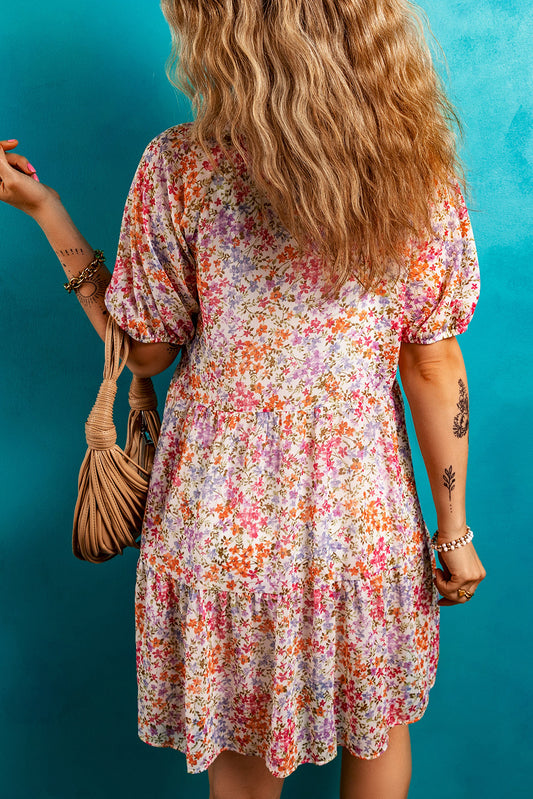 Red Floral Puff Sleeve Notched V Neck Tiered Mini Dress Floral Dresses JT's Designer Fashion