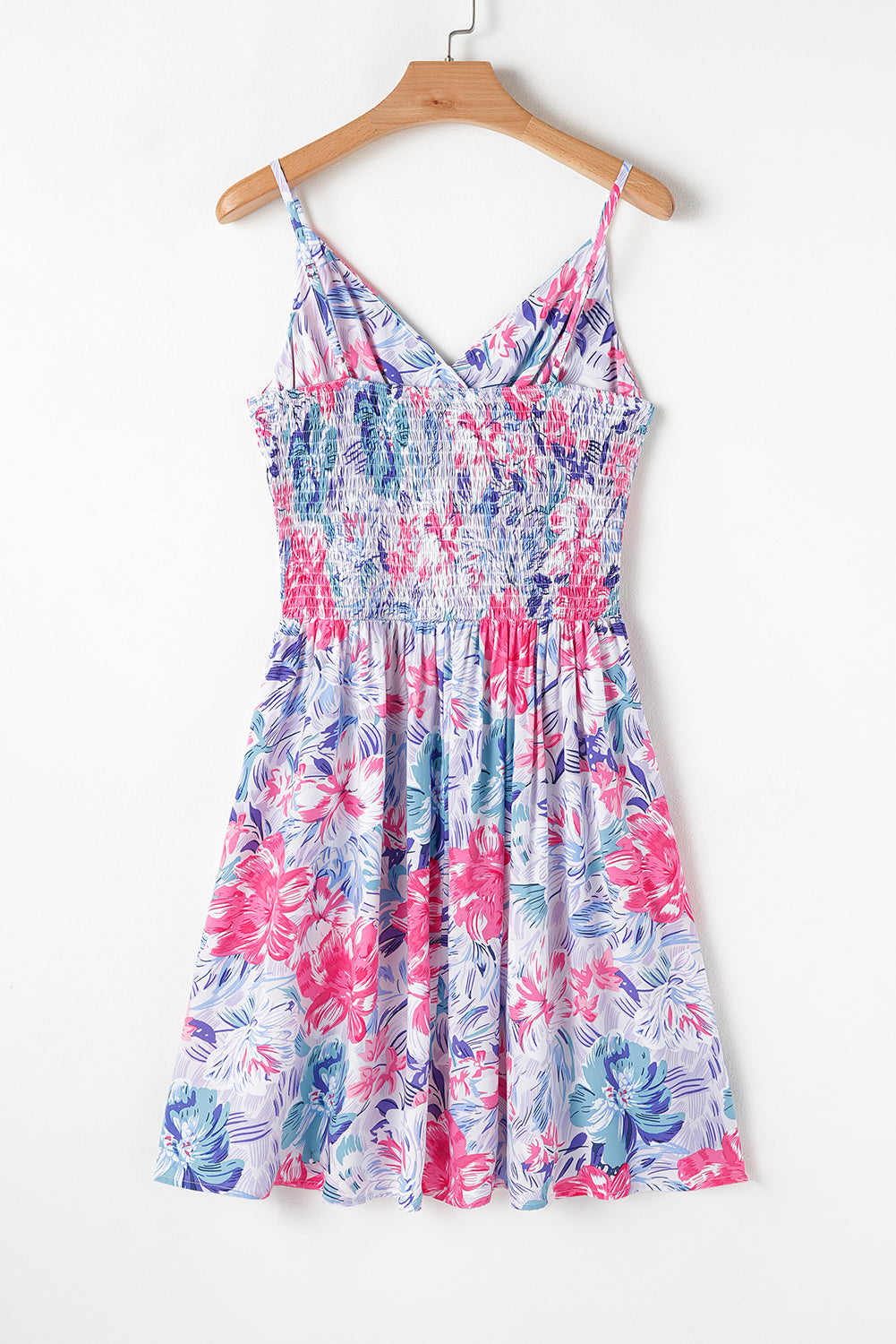 Sky Blue Floral Spaghetti Strap Surplice Neck Shirred Waist Mini Dress Floral Dresses JT's Designer Fashion