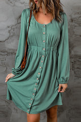 Green Button Up High Waist Long Sleeve Dress Midi Dresses JT's Designer Fashion