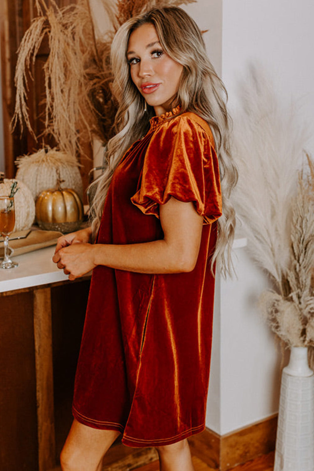 Cinnamon Velvet Smocked Neckline Puff Sleeve Shift Mini Dress Mini Dresses JT's Designer Fashion