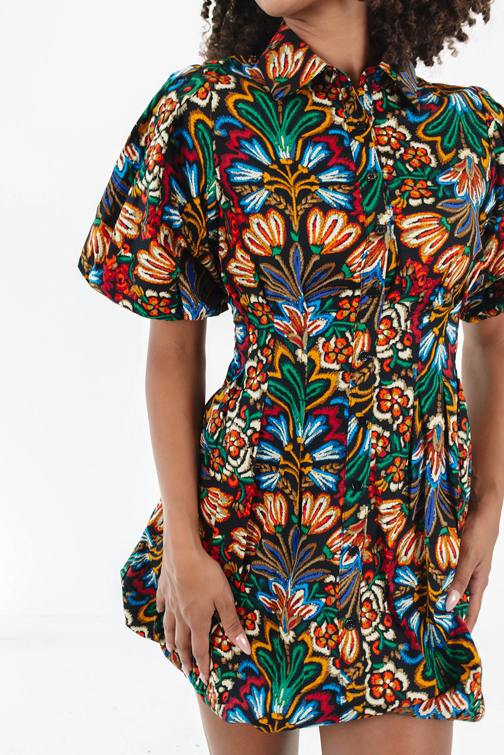 Multicolour Floral Puff Short Sleeve Shirt Mini Dress Mini Dresses JT's Designer Fashion