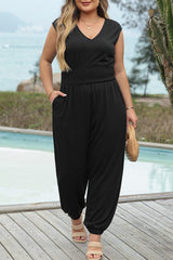 Black Plus Smocked High Waist Sleeveless V Neck Jumpsuit Plus Size Bottoms JT's Designer Fashion