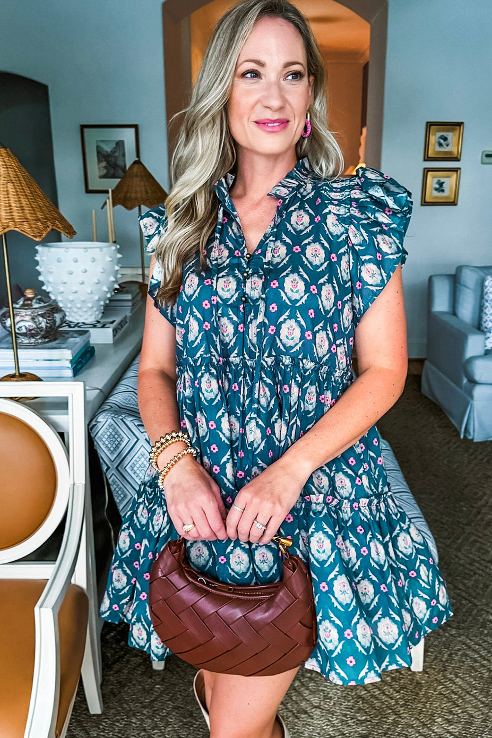 Blue Retro Floral Print Split Neck Ruffle Short Sleeve Dress Floral Dresses JT's Designer Fashion