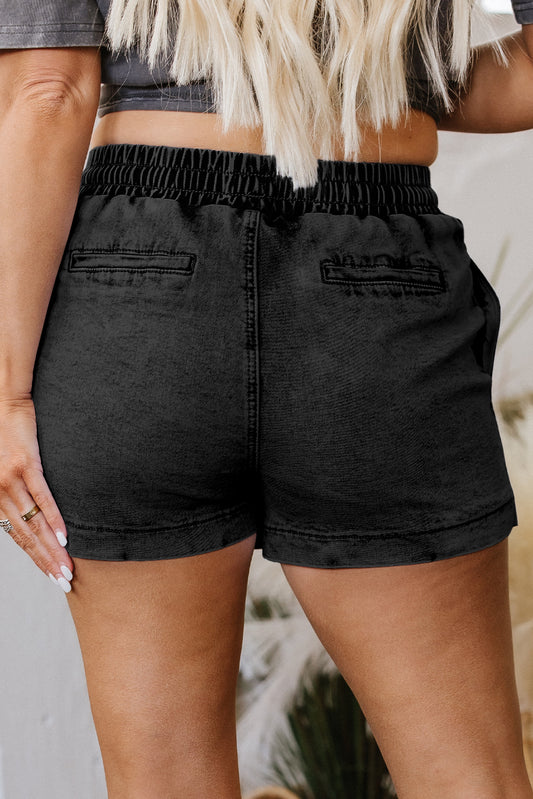 Black Drawstring High Waist Pocketed Denim Shorts Denim Shorts JT's Designer Fashion