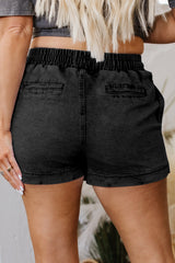 Black Drawstring High Waist Pocketed Denim Shorts Denim Shorts JT's Designer Fashion