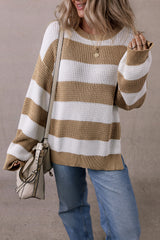 Light French Beige Colorblock Striped Drop Shoulder Side Slit Sweater Sweaters JT's Designer Fashion