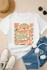 White FOREVER CHASING SUNSETS Floral Print T Shirt Graphic Tees JT's Designer Fashion