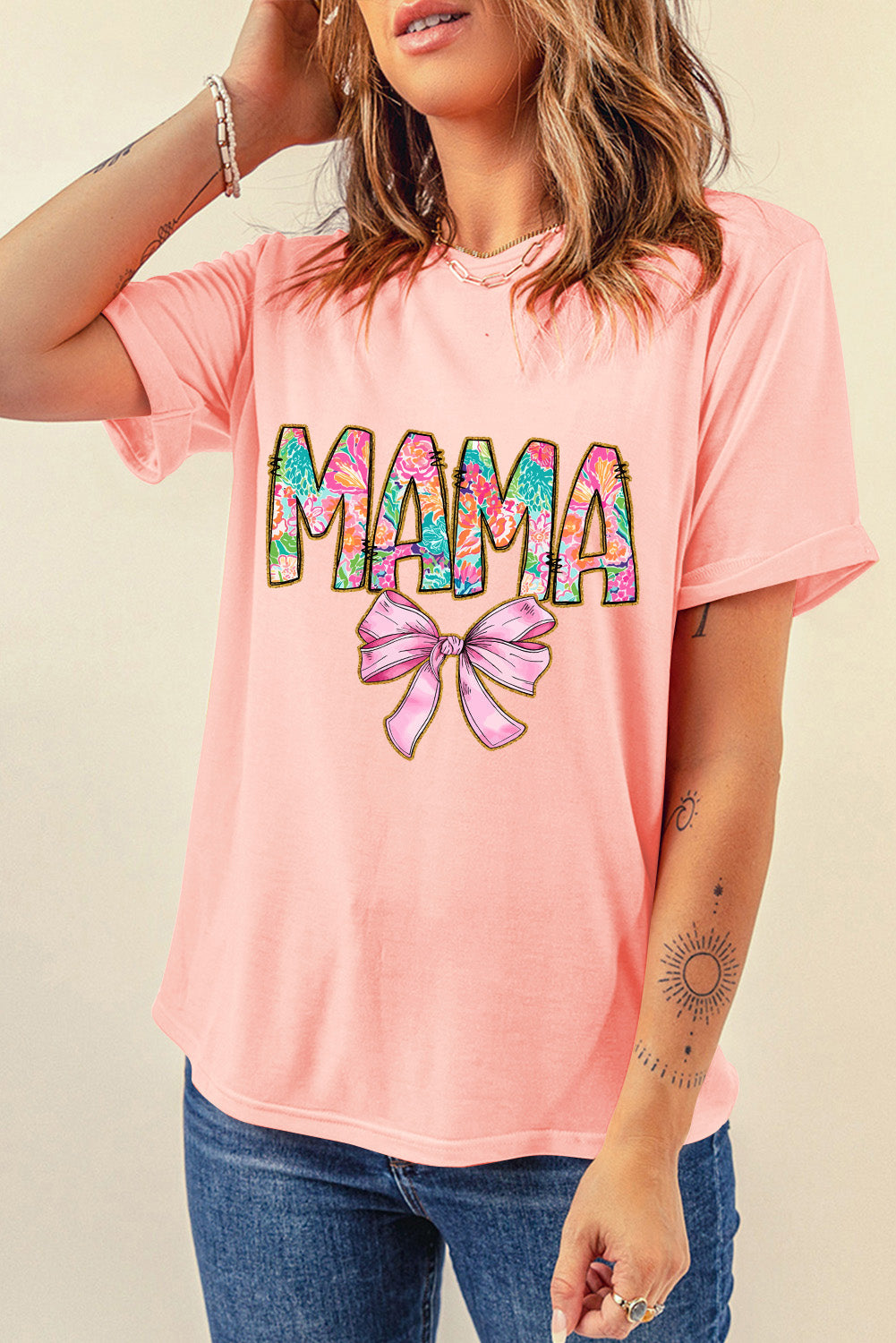 Pink Floral MAMA Bowknot Print Crewneck T Shirt Graphic Tees JT's Designer Fashion