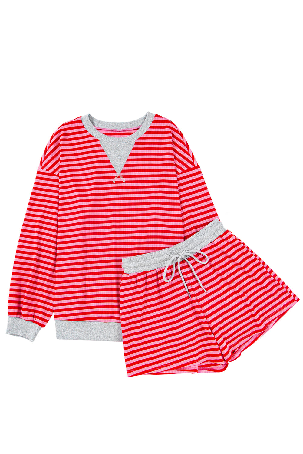 Red Stripe Drop Shoulder Baggy Pullover and Shorts Casual Set Short Sets JT's Designer Fashion