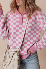 Pink Checkered Buttons Collar V Neck Drop Shoulder Sweater Sweaters JT's Designer Fashion