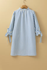 Sky Blue Stripe Knotted Bracelet Sleeve Notched Neck Shift Mini Dress Mini Dresses JT's Designer Fashion