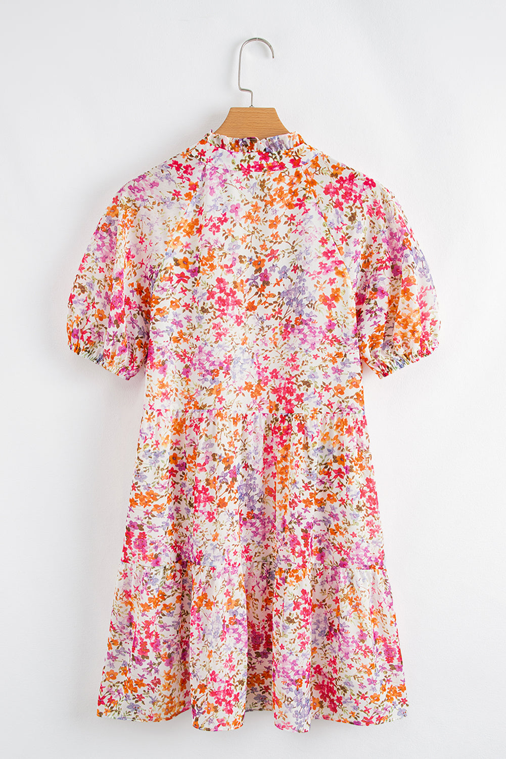 Red Floral Puff Sleeve Notched V Neck Tiered Mini Dress Floral Dresses JT's Designer Fashion