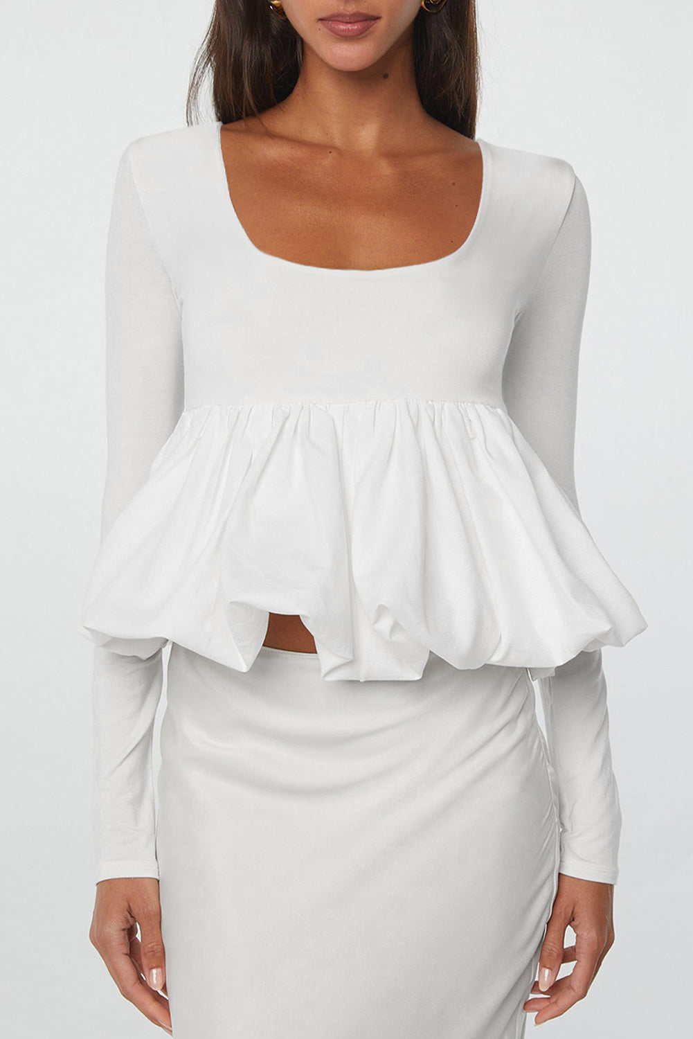 White U Neck Long Sleeve Bubble Hem Top White 93%Viscose+7%Elastane Blouses & Shirts JT's Designer Fashion