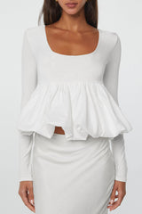 White U Neck Long Sleeve Bubble Hem Top White 93%Viscose+7%Elastane Blouses & Shirts JT's Designer Fashion