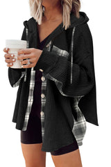 Black Waffle Knit Plaid Patchwork Drawstring Hooded Shacket Jackets JT's Designer Fashion